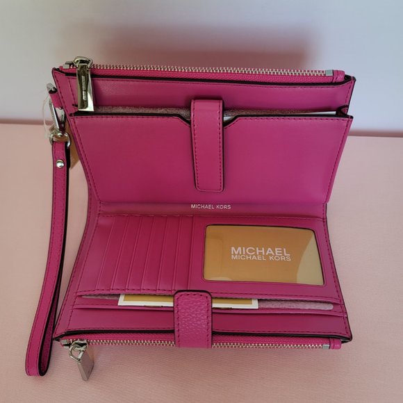 MICHAEL KORS Jet Set Double Zip Pebbled Leather Wristlet- Cerise🎈$114.⭐ - Picture 14 of 16